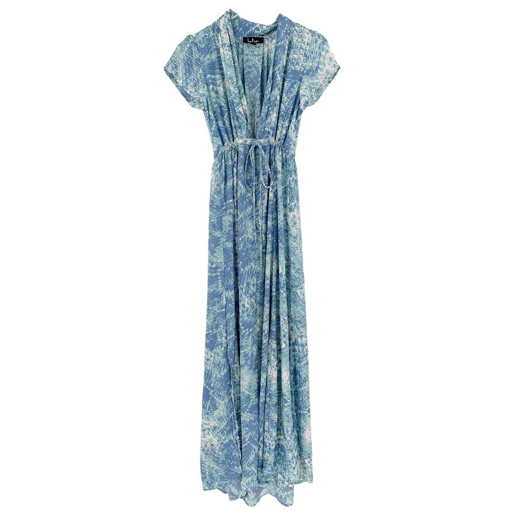 2/$30 LULUS Mermaid's Tale Blue Print Maxi Dress Size S Blue Maxi Deep V Neck